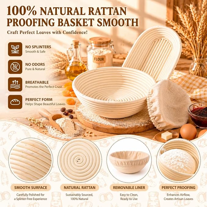 Sourdough Starter Kit, Bread Baking Supplies with Round & Oval Banneton Proofing Baskets, Starter Jar, Bread Sling, Dough Whisk, Scrapers, Stencils, Cooling Rack & Bag
