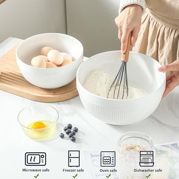 Ceramic Large Mixing Bowls for Kitchen, Set of 2 Big Serving Bowls for Cooking, Popcorn, Salad, Soup, Baking, Dough Bread Making Bowl, 10 inch + 8 inch, White