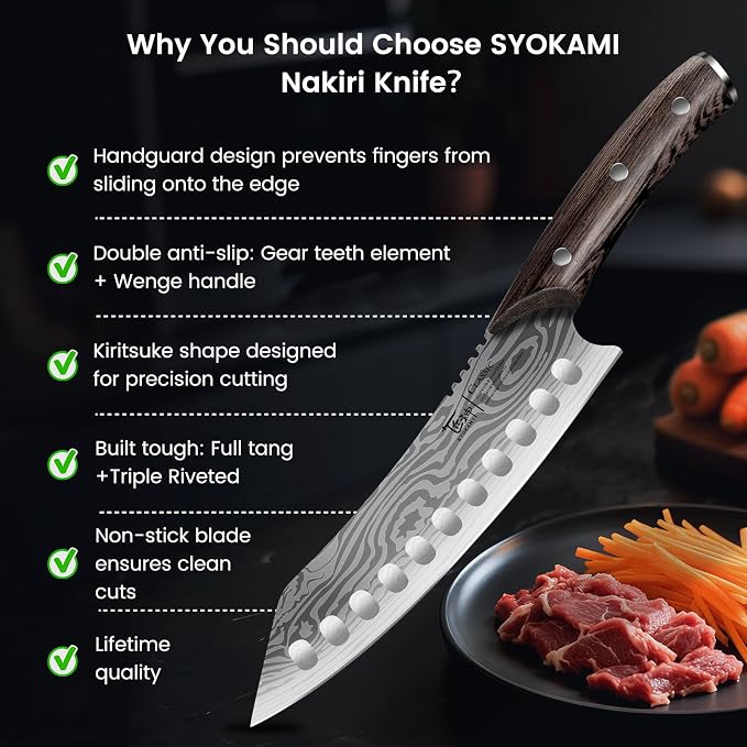 SYOKAMI Japanese Kitchen Knife, 8.2 Inch Chef Knife, Carbon Steel Kiritsuke, Razor Sharp Santoku for Precision Cutting, Damascus Pattern, Full Tang Wood Handle, Housewarming Cooking Gifts