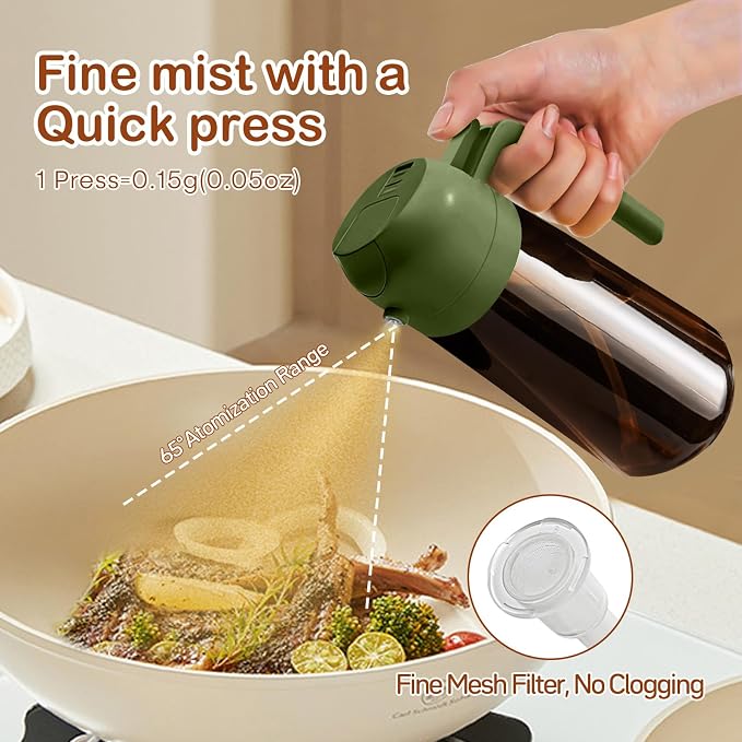 YARRAMATE 2Pcs 16oz/470ml Dark Brown Oil Sprayer for Cooking with Stickers, Food-grade Premium 2 in 1 Olive Oil Dispenser Bottle for Kitchen Gadgets, Air Fryer, Salad, Frying, BBQ (Black&OliveGreen)