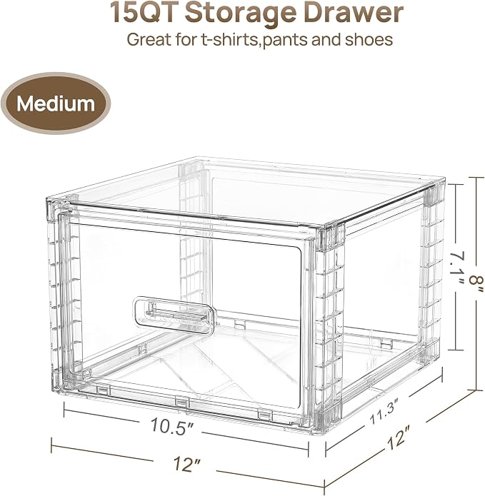 Vtopmart 4 Pack Clear Stackable Closet Storage Drawers 15QT, Medium | Easily Assemble Closet Organizers,Plastic Storage Bins for Bathroom,Cabinet,Kitchen Pantry,Under Sink Organization