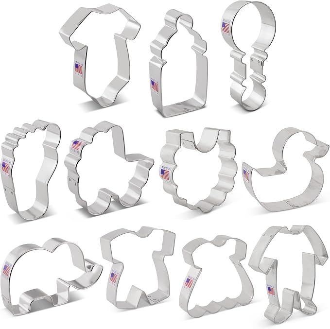 Ann Clark 11-Pc. Baby Shower Cookie Cutter Set, Made in USA, Baby Romper, Dress, Onesie, Footie Pajamas, Bib, Footprint, Carriage, Rattle, Bottle, Cute Elephant and Duck