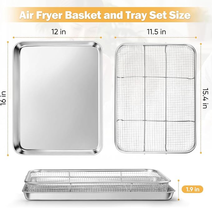 E-far Air Fryer Basket for Oven, Large 16” x 12” Stainless Steel Air Fryer Pan and Crisper Tray, Air Fryer Rack with Baking Pan for Crisper Foods Frying Healthy Cooking, Dishwasher Safe