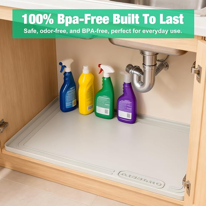 Under Sink Mat 25 X 19, Waterproof Silicone Cabinet Kitchen Liner, Beige | BPA-Free Raised-Edge Cabinet Protector & Leak Tray for Bathroom Cabinets, Boots, Pet Feeding Dog & Cat Mats, Dishwasher Safe