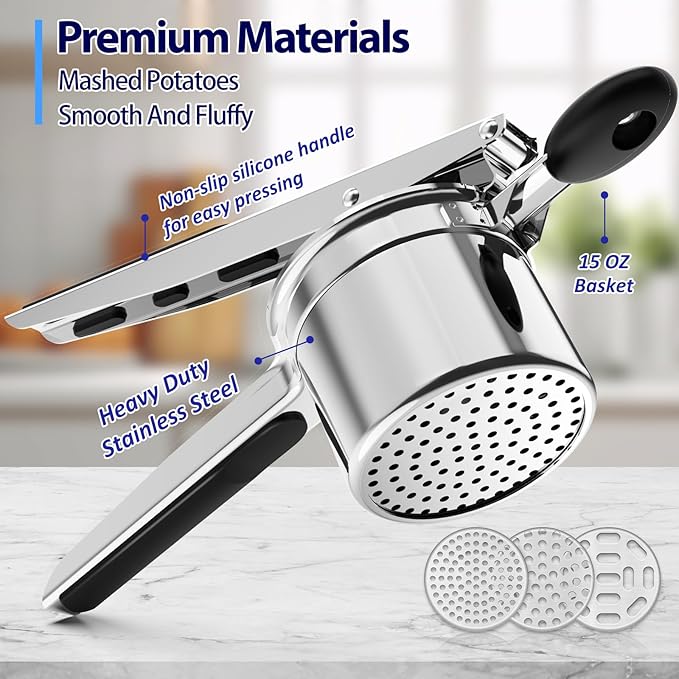 Potato Ricer, Ricer for Mashed Potatoes, 3 Interchangeable Discs Potato Masher Stainless Steel for Fluffy Mashed Potatoes, Heavy Duty Spaetzle Maker with Silicone Handle, for Gnocchi Spaghetti