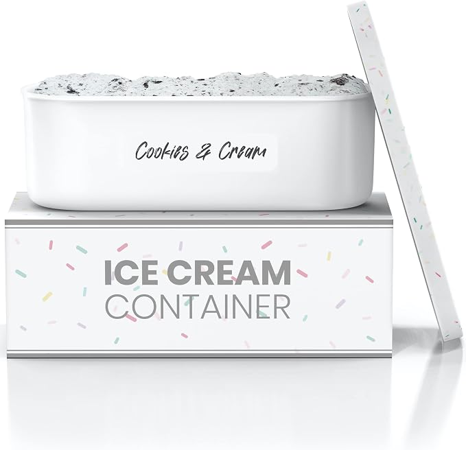 BALCI,Ice Cream Container,2 Quart,Perfect Reusable Freezer Storage for Homemade Ice Cream Tubs for Sorbet, Frozen Yogurt and Gelato!,Flexible Silicone Lids, Long Scoop, Stackable,White with Sprinkles