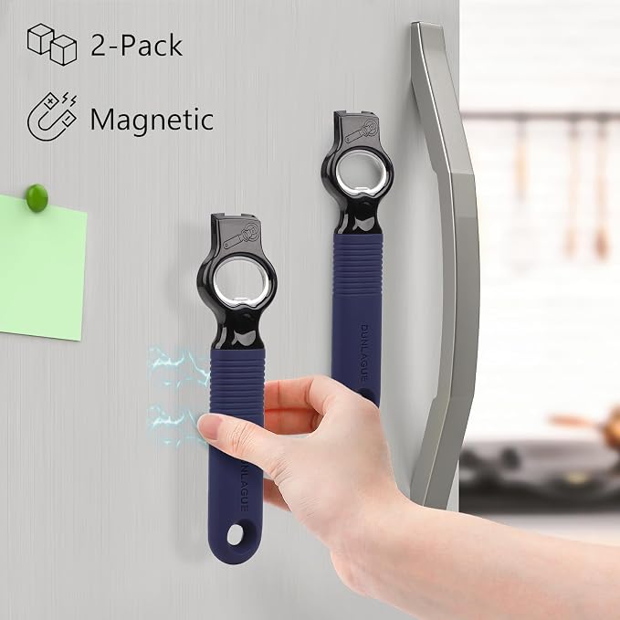 2-Pack Magnetic 2-in-1 Beer Bottle Cap & Soda Can Opener-Navy | Soft Silicone Handle with Built-in Magnet Sticks to Fridges / Easy Can Tab Opener for Bartenders, Seniors, and Long nails