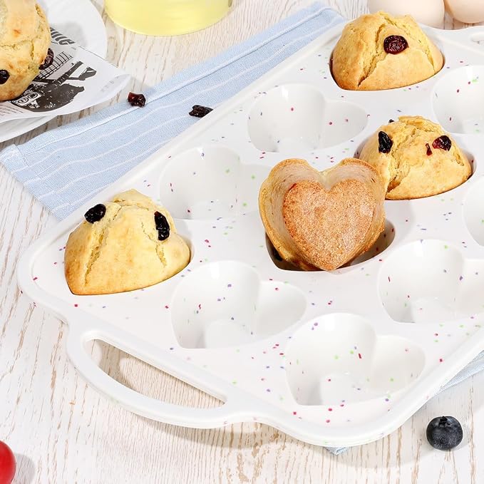 CAKETIME Heart Shaped Silicone Muffin Pan, Metal Reinforced Frame 12 Cups Silicone Molds for Valentine's Day Baking Muffins, Cupcakes, Tartlets, Egg Bites, Chocolate Muffin, Soaps 2 Pack