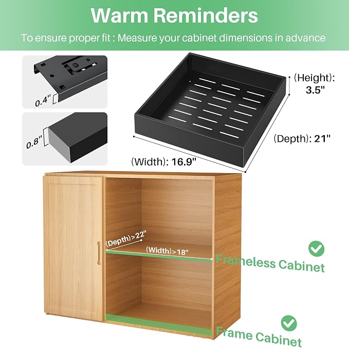 2Pack Pull out Cabinet Organizer, 21"Deep, Heavy Duty Full-extension Slide out Drawers for Kitchen Cabinet, Roll out Shelf Storage with Nano Adhesive for Pots,17"W x 21"D x 3.1"H, Black