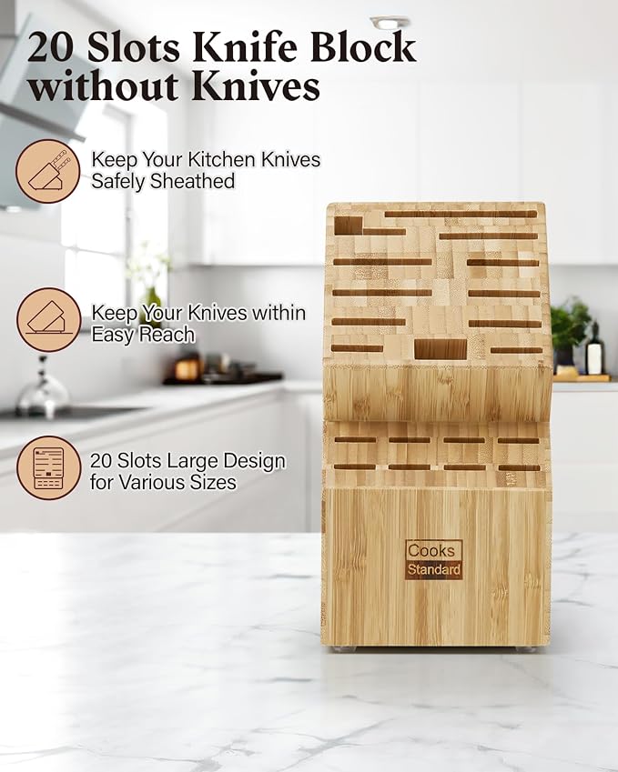 Cooks Standard Classic Bamboo Cutlery Block Holder without Knives, X-Large Universal Countertop Butcher Block Kitchen Knife Stand for Easy Kitchen Storage, Made of Natural Bamboo, 20 Slot