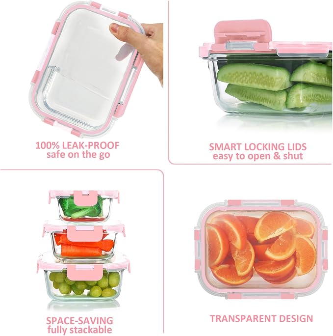 24 Pieces Glass Food Storage Containers Set, Pink | Meal Prep Containers, BPA-Free, Airtight Glass Storage Containers with lids,Freezer, Microwave and Oven Safe