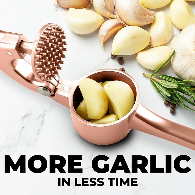 Zulay Kitchen Premium Garlic Press Set - Rust Proof Professional Garlic Mincer Tool - Easy-Squeeze, Easy-Clean with Soft Handle - Silicone Garlic Peeler & Brush (Rose Gold)