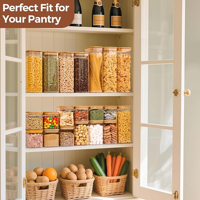 ComSaf Square Glass Containers With Lids 1.2 Qt, Set of 9 Pantry Galss Jars | Food Storage Jar, Kitchen Canisters, Storage Container, Bamboo Lid with Silicone Seal, Cookie, Flour, Spice, Coffee, BPA Free