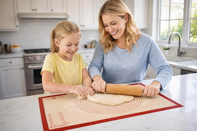 Silicone Pastry Mat with Measurements, 36 x 24 Inch Extra Thick Non-Slip Nonstick XL Baking Mat for Dough Rolling, Kneading, Fondant and Pie, Red