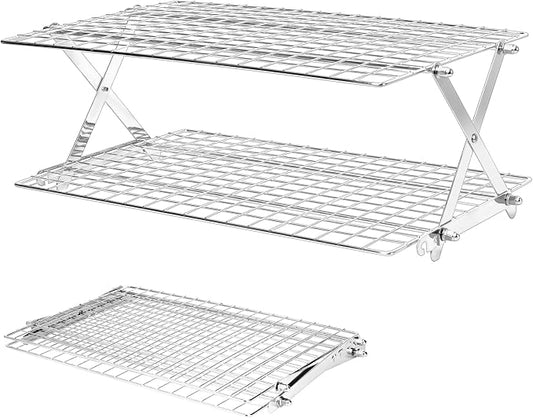 BEWOS 2-Tier Collapsible Cooling Rack, Adjustable Stainless Steel Cooling Rack with X-Shaped Structure, Fine Mesh Baking Rack for Cookies, Baking, Grilling, Dishwasher Safe