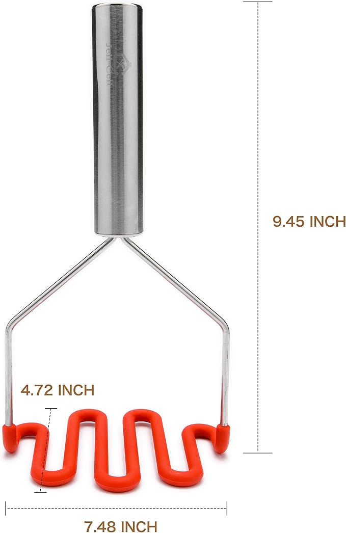 Jell-Cell Potato Masher - Silicone Protect Body with Premuim Stainless Steel Non Scratch Cookware for Smooth Mashed Potato Vegetables and Fruits Color Red