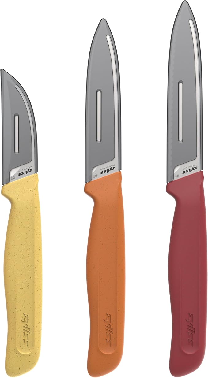 Zyliss Classic 3 Piece Peeling & Paring Knife Set with Straight, Serrated & Curved Blades, Stainless Steel 15° Edge, Ergonomic Wheat Straw Handles, Blade Covers
