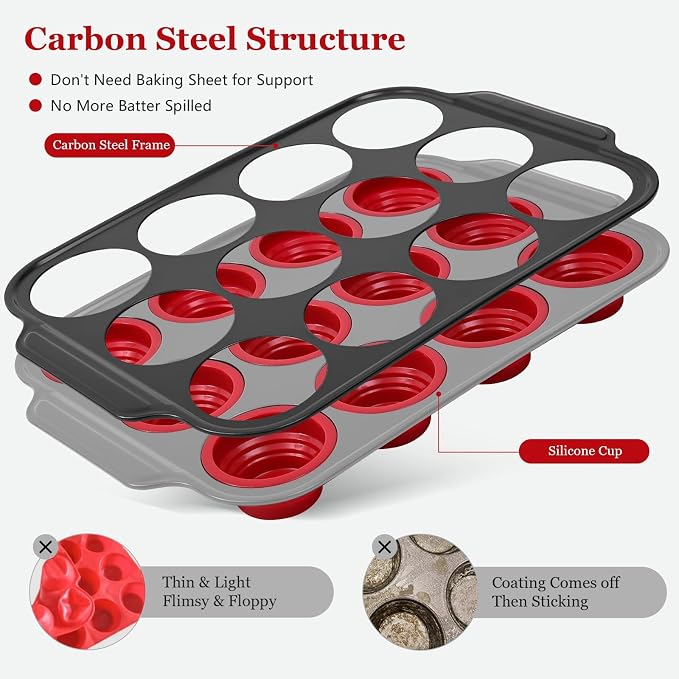 Silicone Muffin Pan, 12-Cup Nonstick Silicone Muffin Pans for Baking, Food-Grade Cupcake Pan for Oven, Microwave, Dishwasher Safe, BPA-Free Silicone Baking Mold for Muffins, Cupcakes, Egg Muffins
