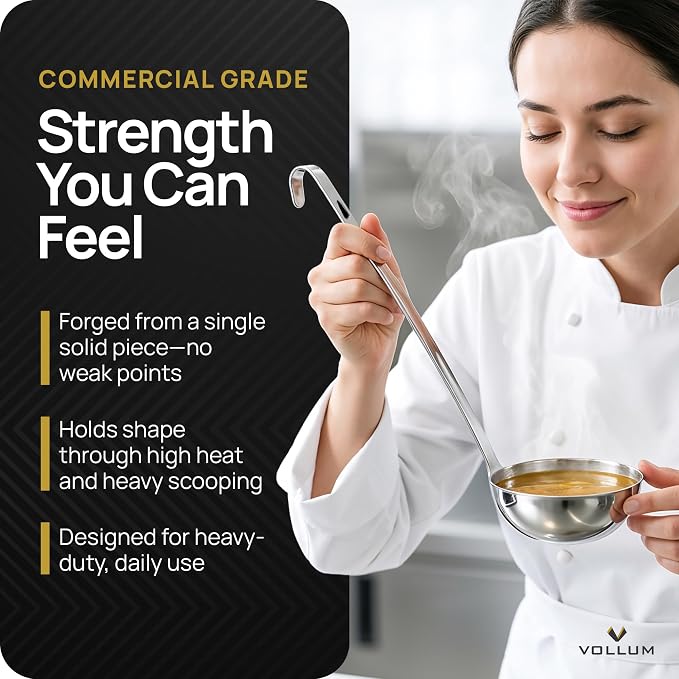 Vollum Metal Ladle Stainless Steel – Heavy Duty One-Piece Large Soup Ladle with Long Handle for Gravy, Stew, Sauce – Kitchen Utensils for Cooking - 16 Ounce (5" Bowl Diameter, 16" Handle Length)