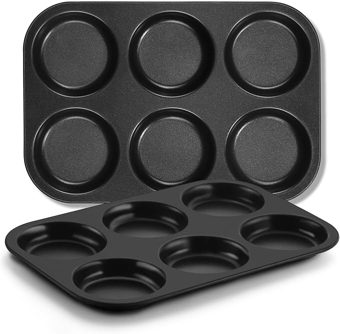 E-far Muffin Top Pan Set of 2, Nonstick 6-Cavity Shallow Cupcake Pan for Baking Whoopie Pie, Yorkshire Pudding, Eggs, Cornbread, Drop Cookies, Easy Release & Clean, 3-Inch Standard Size