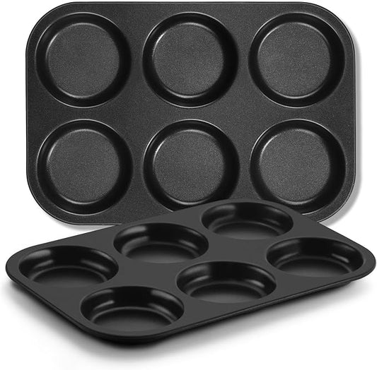 E-far Muffin Top Pan Set of 2, Nonstick 6-Cavity Shallow Cupcake Pan for Baking Whoopie Pie, Yorkshire Pudding, Eggs, Cornbread, Drop Cookies, Easy Release & Clean, 3-Inch Standard Size