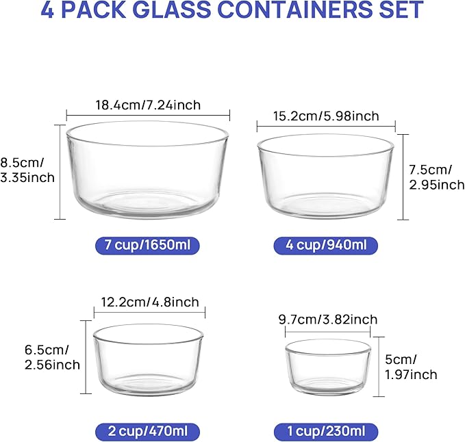 Vtopmart 4 Pack Glass Bowls with Lids (1, 2, 4, 7 Cup) | Food Storage Containers, Meal Prep and Leftovers Keeper, Lunch Container, Microwave, Dishwasher & Freezer Safe, BPA Free