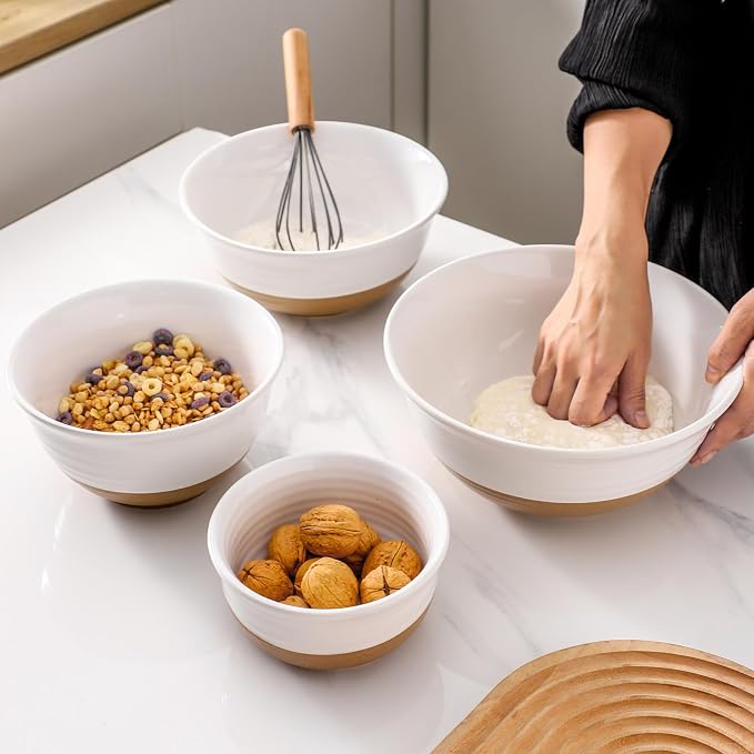 HASENSE Ceramic Serving Bowls Set of 4, 2.1/1.5/1.0/0.5 Qt White & Terracotta Stoneware Mixing Bowls, Farmhouse Bowls for Cooking, Prepping, Salad & Soup, Dishwasher & Microwave Safe, Serving Dishes