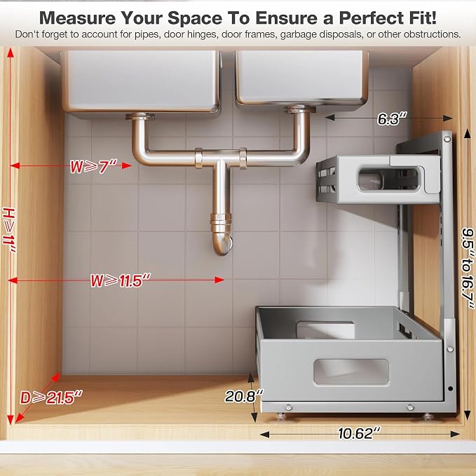 2 Pack 21IN-Depth Under Sink Organizer,Pull Out Cabinet Organizer With Smooth Cylindrical Rail,Metal Slide Out Drawer for Kitchen Bathroom Laundry,8-Level Tool Free Height Adjustable-Gun Gray