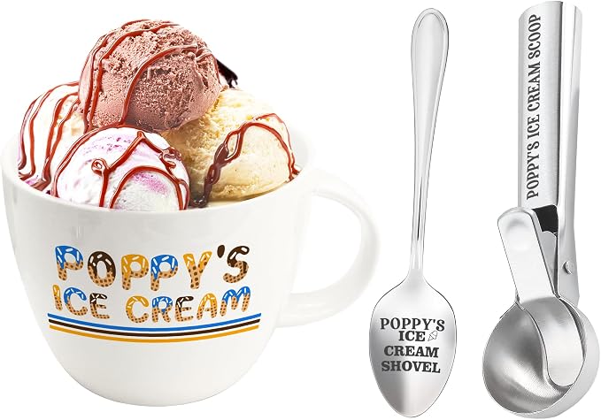 Poppy Gifts, Poppy's Gift Ice Cream Bowl Scoop Shovel Spoon Set, Grandpa Ice Cream Gift from Grandkids, Ideal Xmas Birthday Father's Day Man Gifts