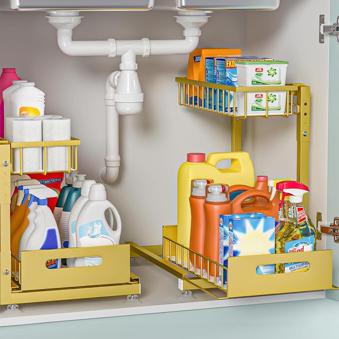 2-Pack L-Shaped Under Sink Organizer, 2-Tier Pull-out Cabinet Rack | Gold Height-Adjustable Steel Rack, Sliding Grid Drawers with PP Liners, Holds 100 Lbs, Suction Base, Ideal Kitchen Storage
