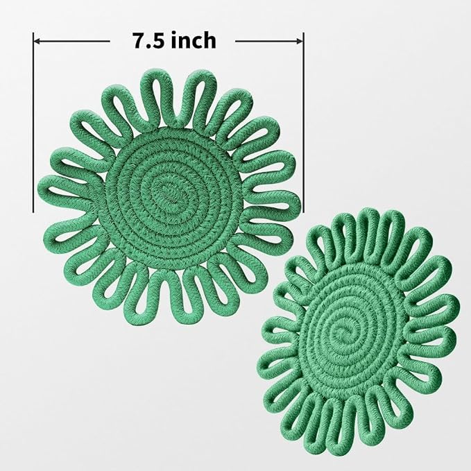 Kitchen Trivets for Hot Dishes Potholders for Countertop Hot Pads Hot Mats or Trivets for Hot Pots and Pans Home Essentials Boho Farmhouse Kitchen Decor Set of 3, 100% Cotton,7.5" (Grass Green)