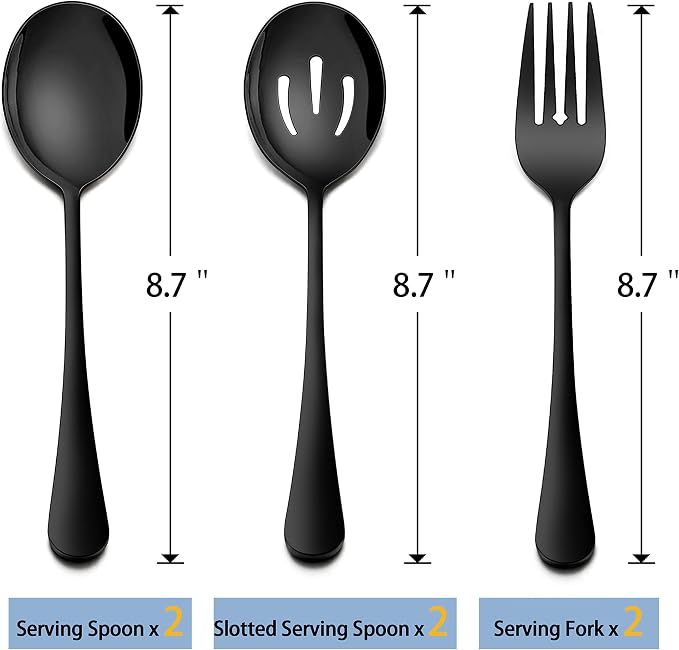 Homikit Stainless Steel 2 Black Serving Spoons, 2 Black Slotted Serving Spoons, 2 Black Serving Forks, Metal Buffet Party Banquet Restaurant Catering Serving Utensils, Mirror Polish, Dishwasher Safe