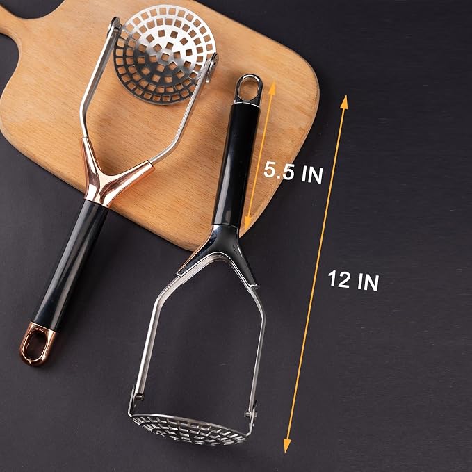 Potato Masher, Folding Stainless Steel Non Stick Non-Slip Mash Potatoes Masher 12 Inch Long Handle Saves Space Heavy Duty Bean Smasher Tool for Avocado, Bean, Rose Gold