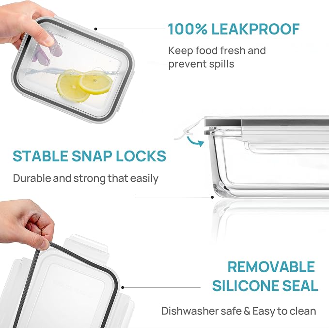Vtopmart 2Pack 30oz Meal Prep Container Glass with Lids | Glass Food Storage Container Sets, Snap Airtight Lids, For Microwave, Oven, Freezer and Dishwasher, BPA Free