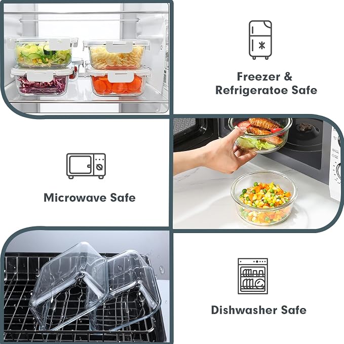 VERONES 30 Pieces Glass Food Storage Containers Set with Lids, White | Stackable Glass Meal Prep Containers Set with Lids, Airtight Lunch Containers, for Microwave, Oven, Freezer & Dishwasher