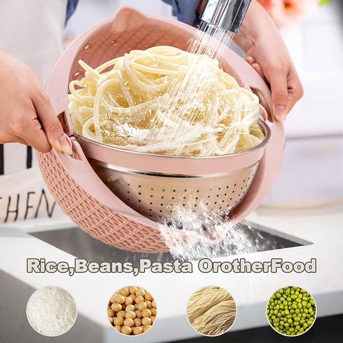 Colander with Mixing Bowl Set,Stainless Steel Colander, Food Strainers Colanders, Pasta Strainer, Rice Strainer, Fruit Cleaner, Veggie Wash, Salad Spinner, Strainers for Kitchen, Apartment(Pink)