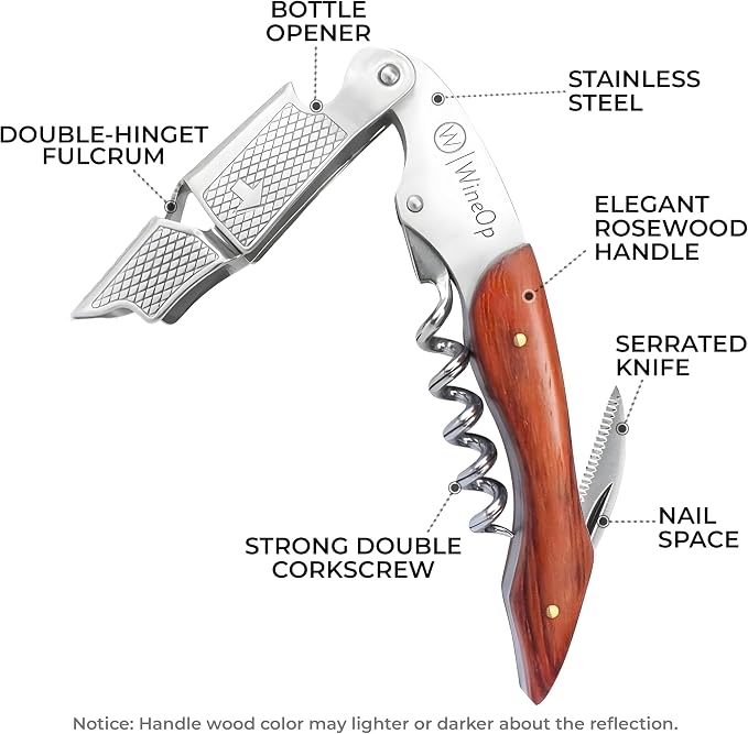 WineOp Professional Wine Opener Luxury Double Hinged Waiter's Corkscrew Wine Bottle Key - Cork screwer for Servers, Bartenders, Sommelier and Home Use | All-In-One Stainless Steel (Rosewood Handle)