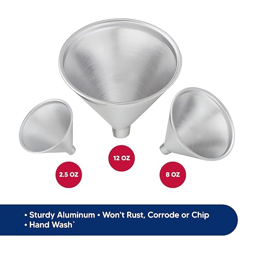 HIC Kitchen Wide-Mouth Aluminum Funnel Set for Liquids and Dry Goods, Set of 3, Includes 2-Ounce, 8-Ounce, and 12-Ounce
