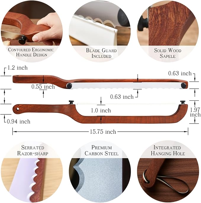 Bread Knife for Sourdough - Right-Handed Serrated Bread Slicer with 2 Blades, Cuts to Bottom for Perfect Slices, Sapele Wood Handle & Storage Pouch