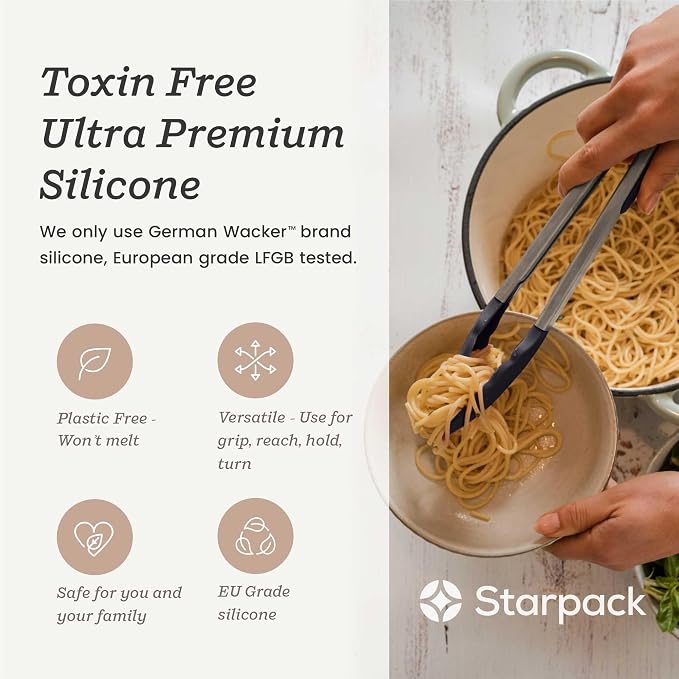 Starpack Get a Grip Silicone Kitchen Tongs (12 Inch) - LFGB Non Toxic, 600°F Heat Resistant, BPA-Free - Heavy-Duty Stainless Steel, Locking - Dishwasher Safe for Nonstick Cookware Gray Black