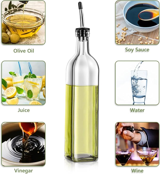 Leaflai Olive Oil Dispenser Bottle, 2 Pcs Glass Olive Oil Dispenser and Vinegar Dispenser Set with 2 Stainless Steel Pourers, 4 Labels,1 Brush and 1 Funnel Oil Bottles for Kitchen (500ml)