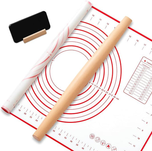 FoldTier Maple French Rolling Pin, Wood Rolling Pins for Baking with Silicone Baking Mat and Wood Base, Christmas Fondant Roller for Pie Crust Cookies Pastry Pizza Dough and Bread