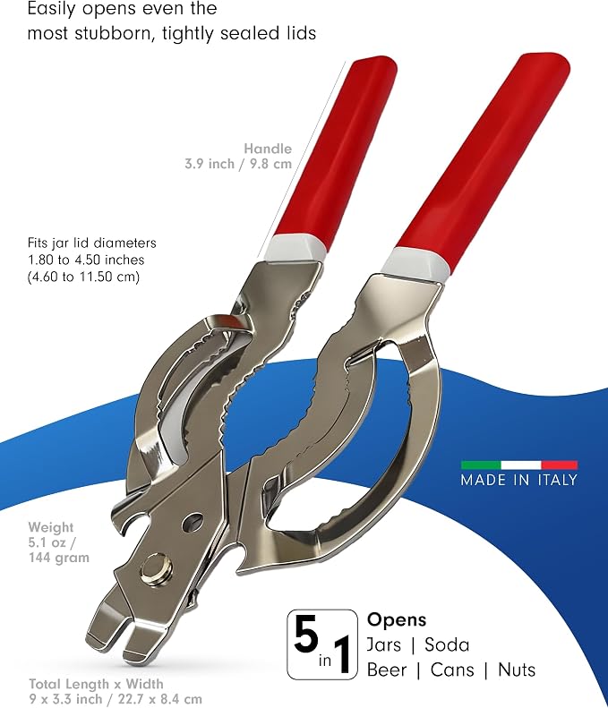 Tredoni Jar & Bottle Opener, Easy Wrench Grip/Tightened Lid Opener, Multi-Purpose Opener for Caps, Cans & Nuts -Italian Stainless Steel