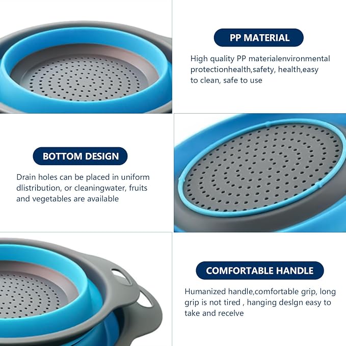 Collapsible Colander Set of 3, Space-Saving Silicone Strainers with Handles, Heat Resistant Food Draining Baskets for Vegetables, Fruits, Pasta, Kitchen, RV & Camping Use (Blue)