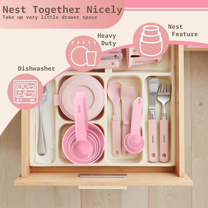 Inmorven 10pcs Measuring Cups and Spoons Set, BPA-Free Plastic Kitchen Baking Tools with Engraved Markings, Stackable Design for Dry & Liquid Ingredients (Pink)