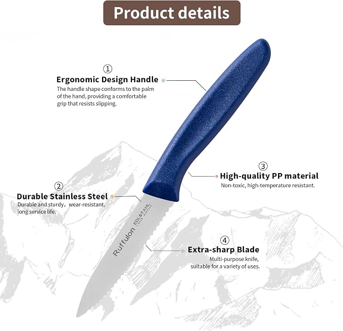 Stainless Steel Paring Knife With Serrated Blade, 6 Pieces Set Vegetable and Fruit Knife, Ultra Sharp Small Kitchen Knife, Blue Paring Knives with PP Plastic Ergonomic Handle.