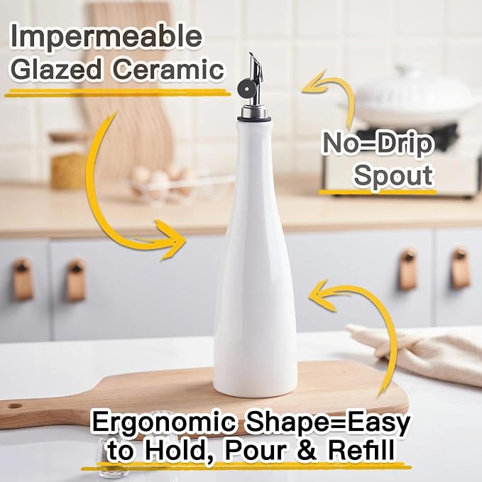 YOLIFE Olive Oil Dispenser Bottle, 17oz/500ml Ceramic Oil Bottle (White) | Oil Dispenser with Gravity Spout, Leak Proof EVOO Dispensing Bottle with 2 Spouts and 1 Funnel for Vinegar, Kitchen