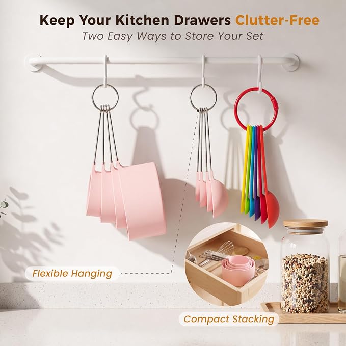 THLHKD 15 Pcs Measuring Cups and Spoons Set, Measuring Spoons Set with Stainless Steel Handles, Measure Spoon and Cup for Liquid & Dry Ingredients, Cute Pink & Colorful
