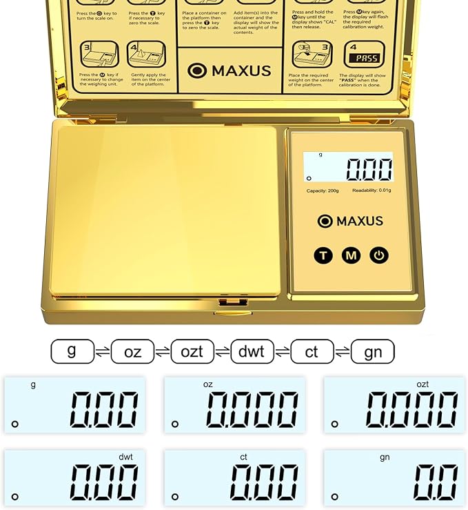 Digital Gram Scale 200g x 0.01g, Gold Pocket Scale for Jewelry, Food | Gold Plated Cover and Platform, Measures Grams and Ounces, Compact Scale for Grains, Gems, Coins and Small Items