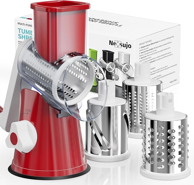 Cheese Grater Hand Crank, Rotary Cheese Shredder with 3 Interchangeable Blades for Coarse, Fine Shredding and Slicing, Strong Suction Base for Pizza, Pasta, Salad, Vegetables, Nuts, Chocolate